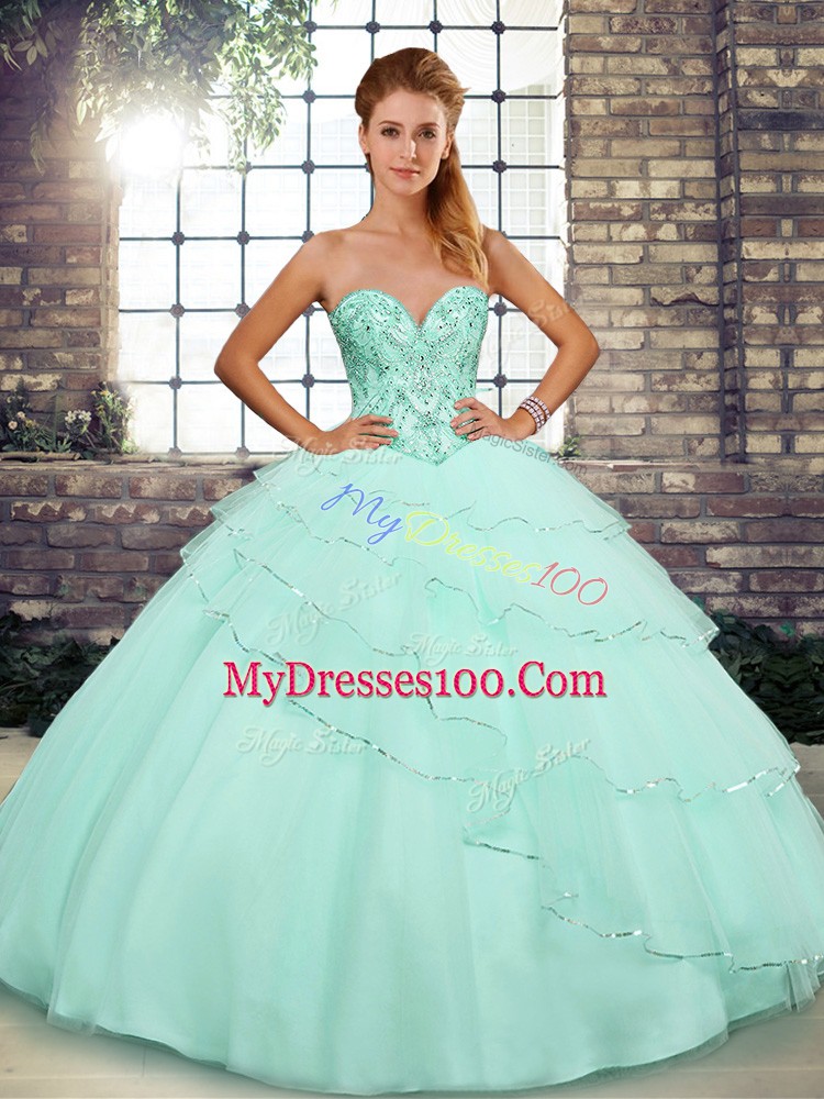 Ball Gowns Sleeveless Apple Green Sweet 16 Dress Brush Train Lace Up