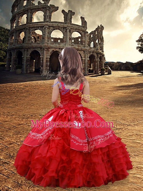 Eye-catching Floor Length Fuchsia Little Girl Pageant Dress Satin and Organza Sleeveless Embroidery and Ruffled Layers