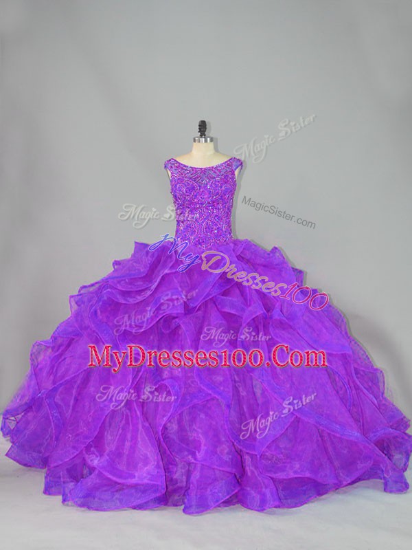 Wonderful Purple Scoop Neckline Beading and Ruffles Ball Gown Prom Dress Sleeveless Lace Up