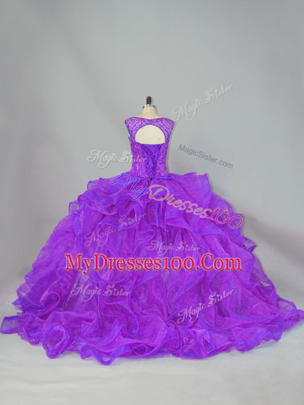 Wonderful Purple Scoop Neckline Beading and Ruffles Ball Gown Prom Dress Sleeveless Lace Up