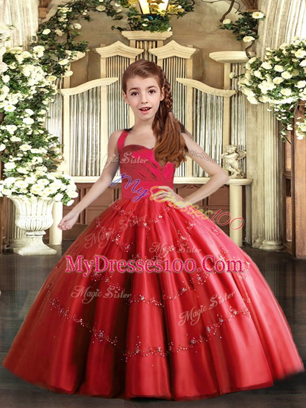 Low Price Red Straps Lace Up Beading Little Girls Pageant Dress Sleeveless