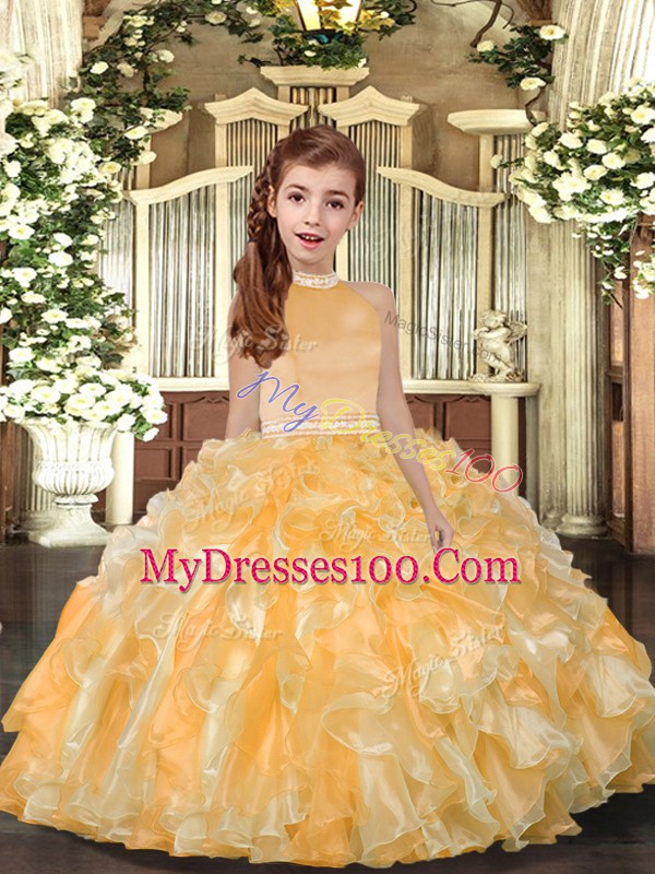 Gold Sleeveless Floor Length Beading and Ruffles Backless Kids Formal Wear