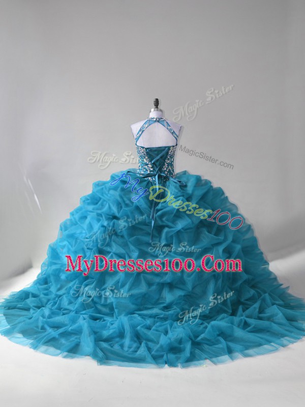 Simple Teal Ball Gowns Organza Halter Top Sleeveless Beading and Pick Ups Lace Up Vestidos de Quinceanera