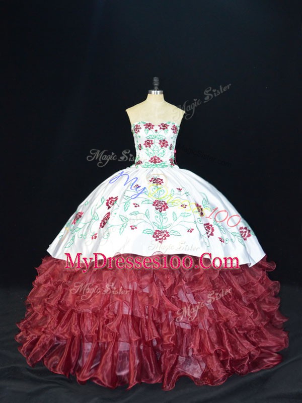 Burgundy Organza Lace Up 15th Birthday Dress Sleeveless Floor Length Embroidery and Ruffles
