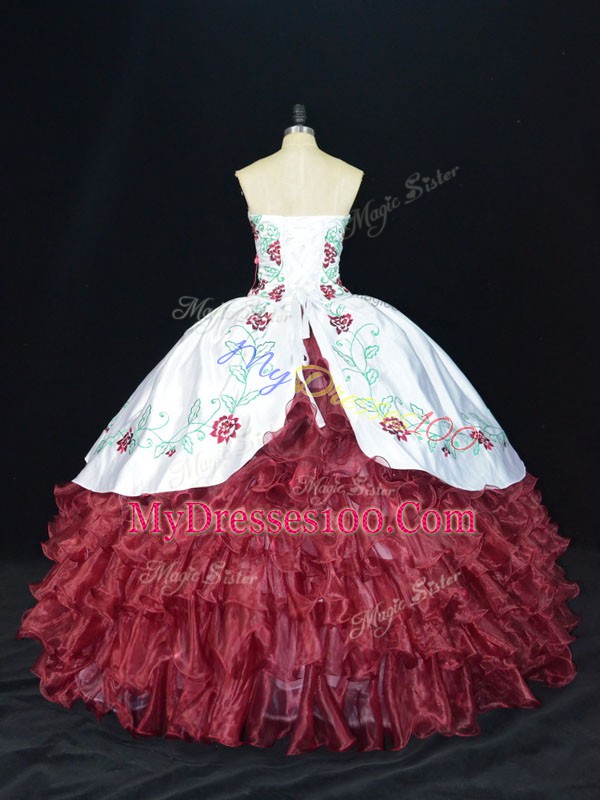 Burgundy Organza Lace Up 15th Birthday Dress Sleeveless Floor Length Embroidery and Ruffles