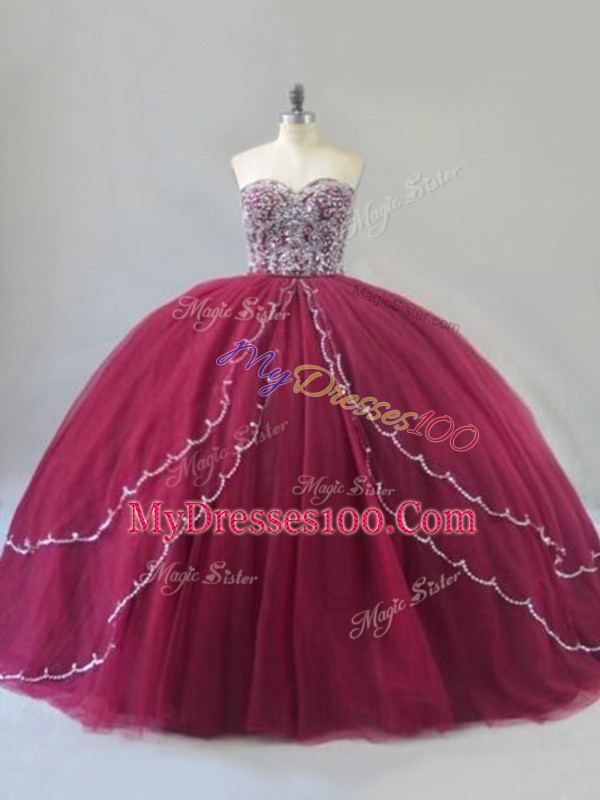 Flirting Burgundy Ball Gowns Beading 15th Birthday Dress Lace Up Tulle Sleeveless