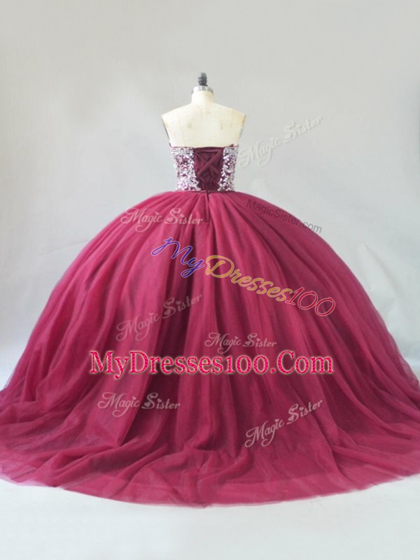 Flirting Burgundy Ball Gowns Beading 15th Birthday Dress Lace Up Tulle Sleeveless