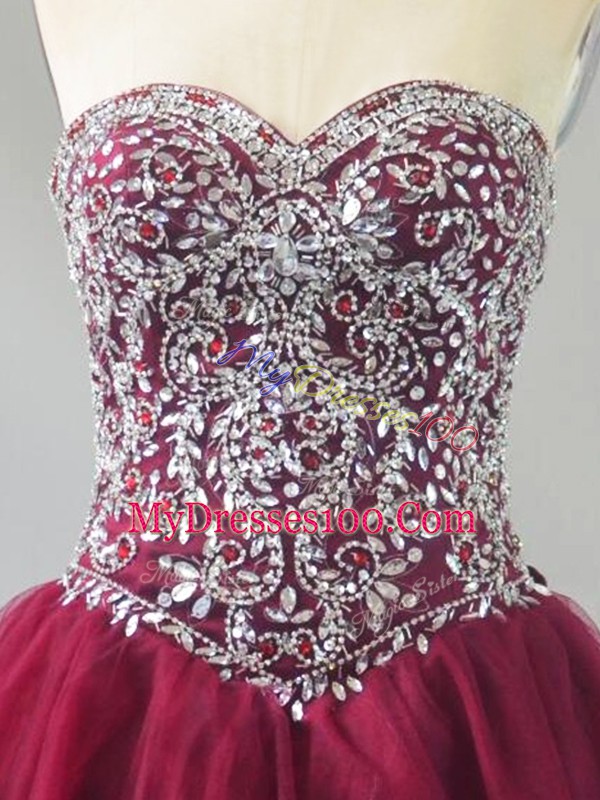 Flirting Burgundy Ball Gowns Beading 15th Birthday Dress Lace Up Tulle Sleeveless