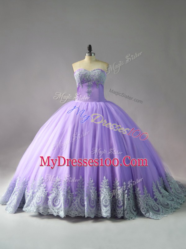 Flare Sweetheart Sleeveless Quince Ball Gowns Court Train Appliques Lavender Tulle