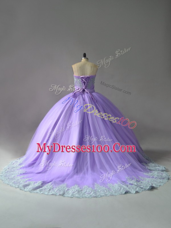 Flare Sweetheart Sleeveless Quince Ball Gowns Court Train Appliques Lavender Tulle