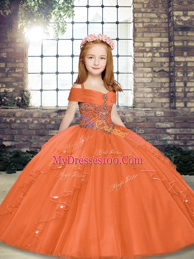 Hot Selling Orange Tulle Lace Up Spaghetti Straps Sleeveless Floor Length Glitz Pageant Dress Beading