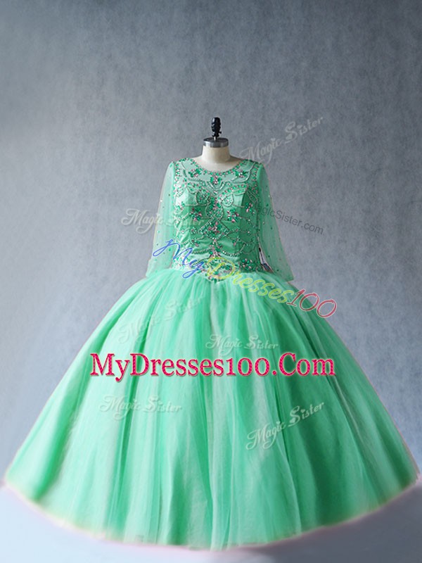 Apple Green Ball Gowns Beading Quinceanera Gown Lace Up Tulle Long Sleeves Floor Length
