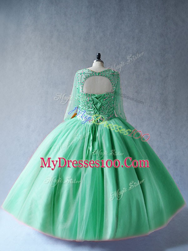 Apple Green Ball Gowns Beading Quinceanera Gown Lace Up Tulle Long Sleeves Floor Length