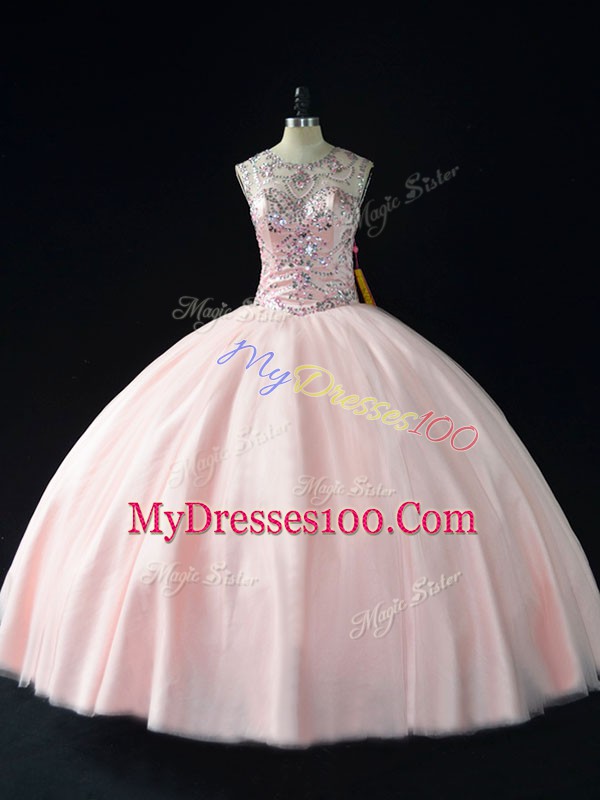 Pink Tulle Lace Up Scoop Sleeveless Floor Length Quinceanera Gown Beading