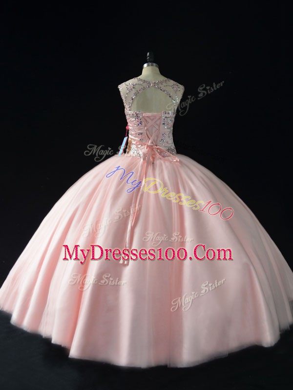 Pink Tulle Lace Up Scoop Sleeveless Floor Length Quinceanera Gown Beading