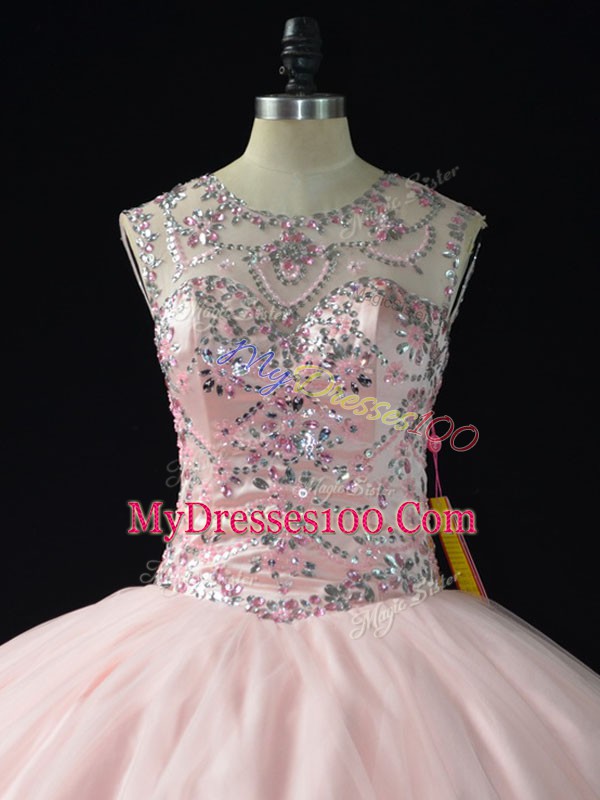 Pink Tulle Lace Up Scoop Sleeveless Floor Length Quinceanera Gown Beading