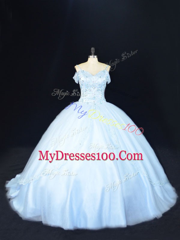 Luxurious Blue Sleeveless Court Train Beading 15 Quinceanera Dress