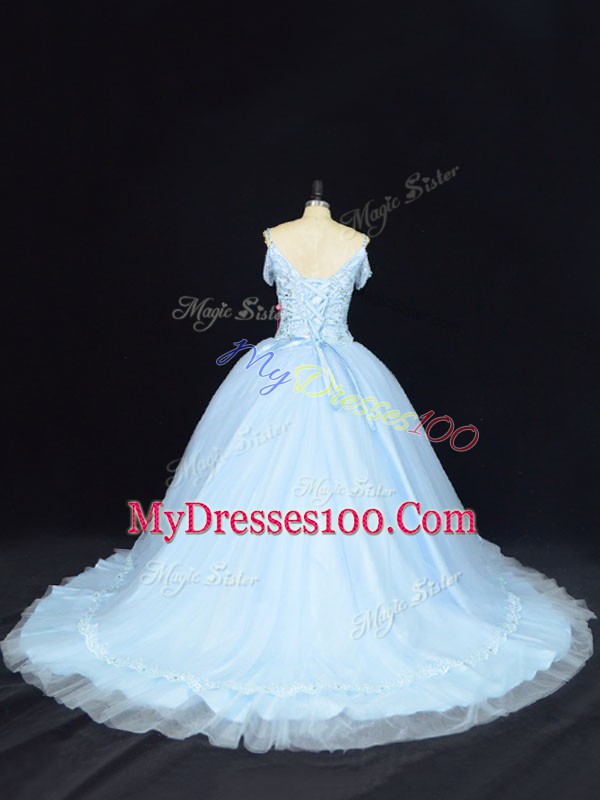 Luxurious Blue Sleeveless Court Train Beading 15 Quinceanera Dress