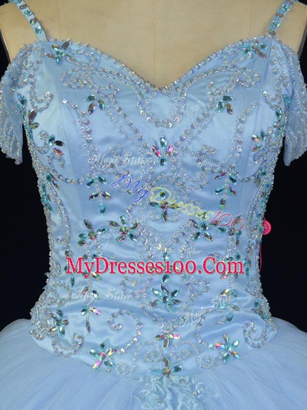 Luxurious Blue Sleeveless Court Train Beading 15 Quinceanera Dress