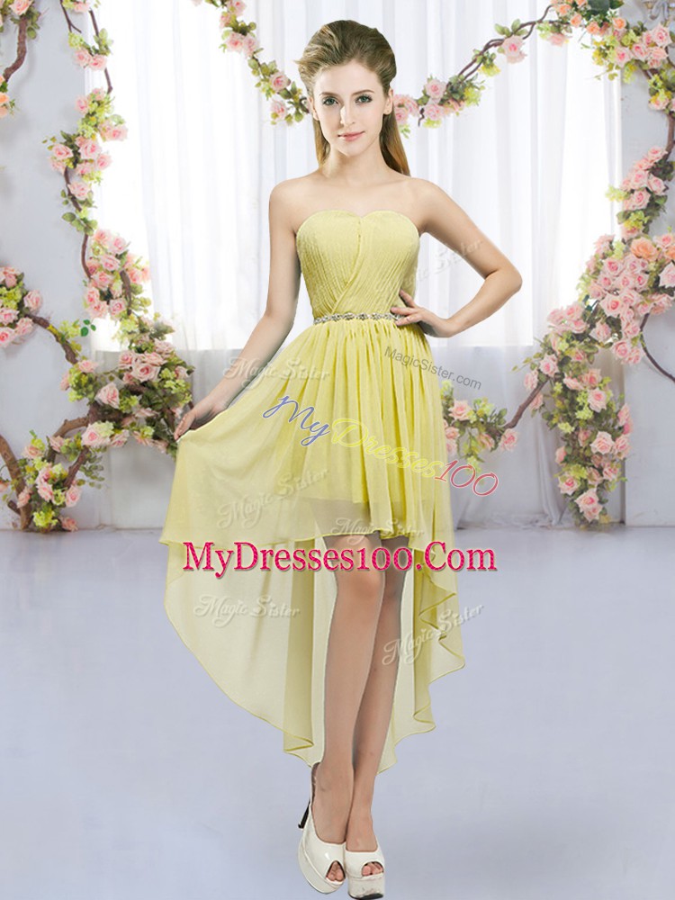 Fashion Chiffon Sweetheart Sleeveless Lace Up Beading Damas Dress in Yellow