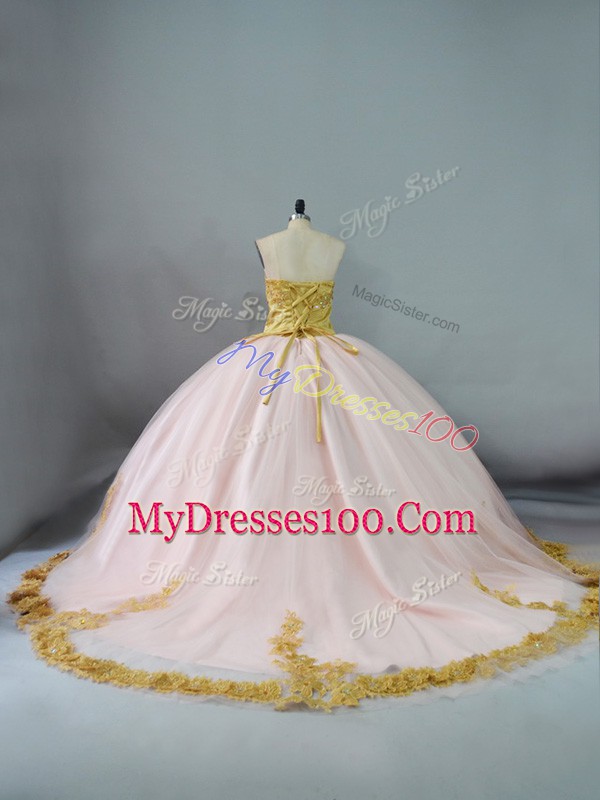 Sleeveless Beading and Lace and Appliques Lace Up 15th Birthday Dress with Pink and Champagne Brush Train