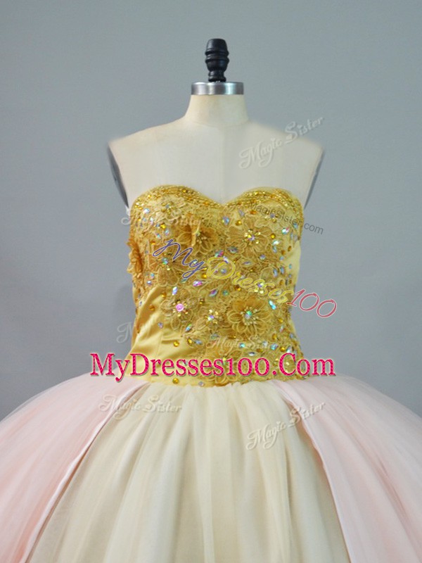 Sleeveless Beading and Lace and Appliques Lace Up 15th Birthday Dress with Pink and Champagne Brush Train
