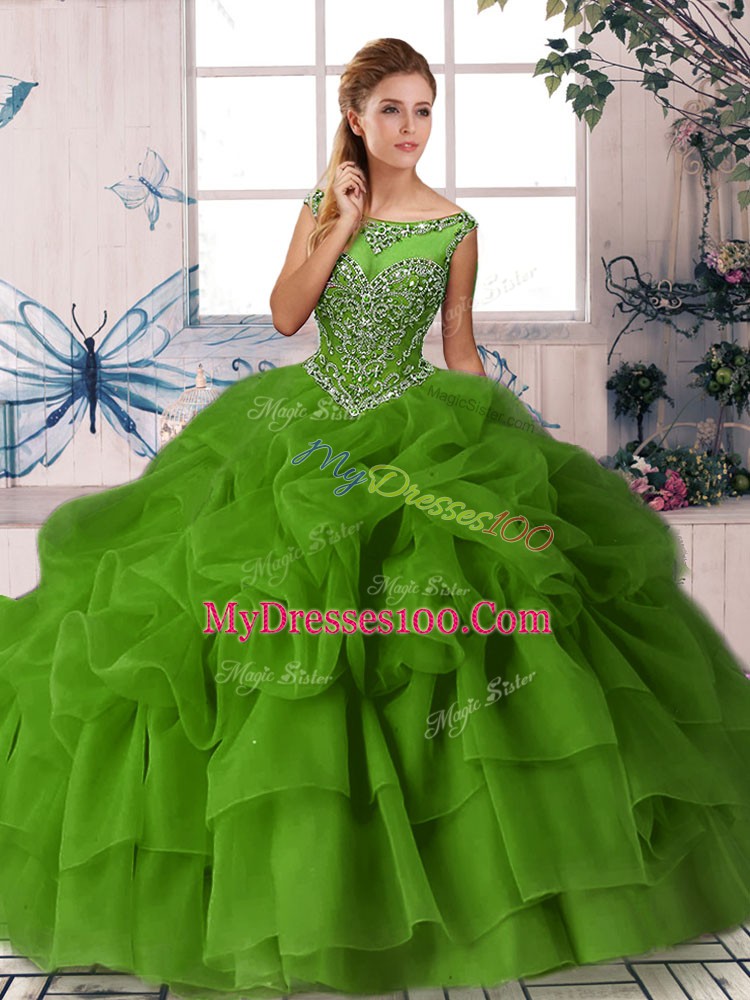 Fashionable Green Organza Zipper Scoop Sleeveless Quinceanera Dress Brush Train Beading and Pick Ups