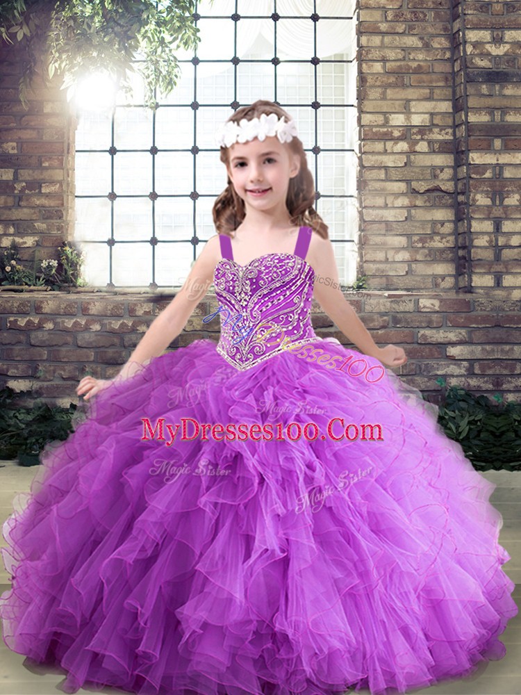 Affordable Purple Tulle Lace Up Little Girl Pageant Dress Sleeveless Floor Length Beading and Ruching