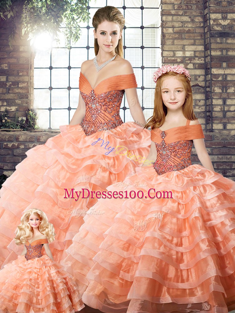 Gorgeous Off The Shoulder Sleeveless 15th Birthday Dress Brush Train Beading and Ruffled Layers Peach Organza