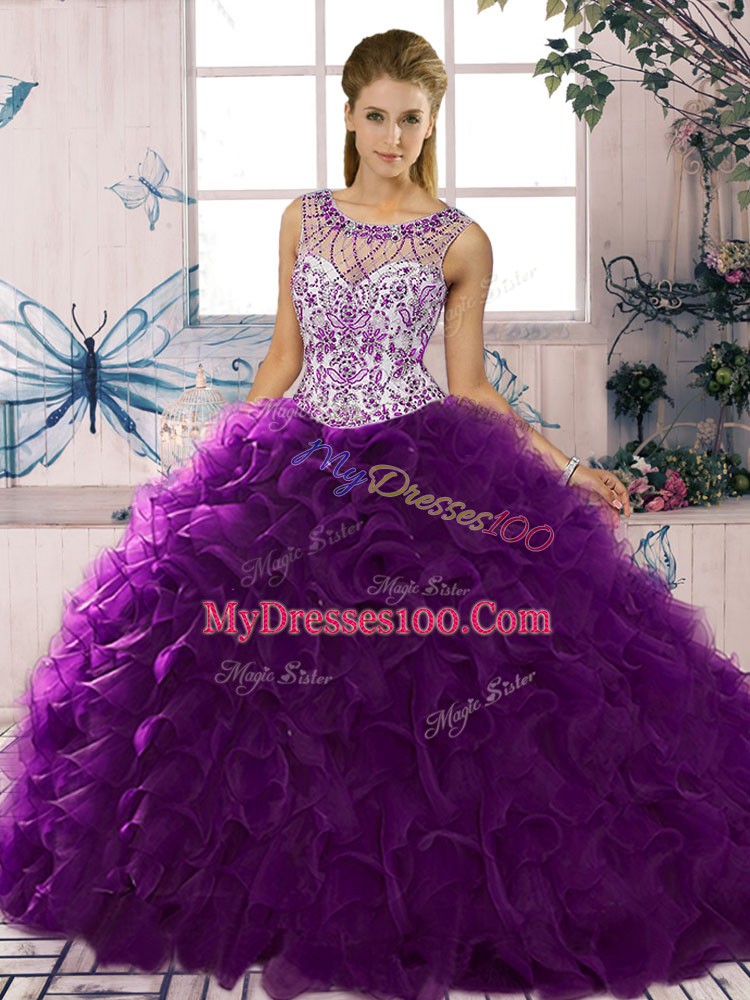 Dynamic Purple Lace Up Sweet 16 Dress Beading and Ruffles Sleeveless Floor Length