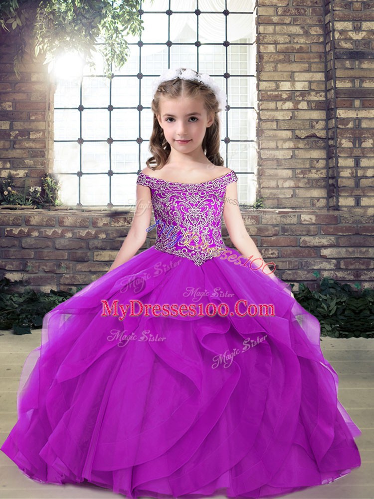 Sleeveless Floor Length Beading and Ruffles Lace Up Girls Pageant Dresses with Purple
