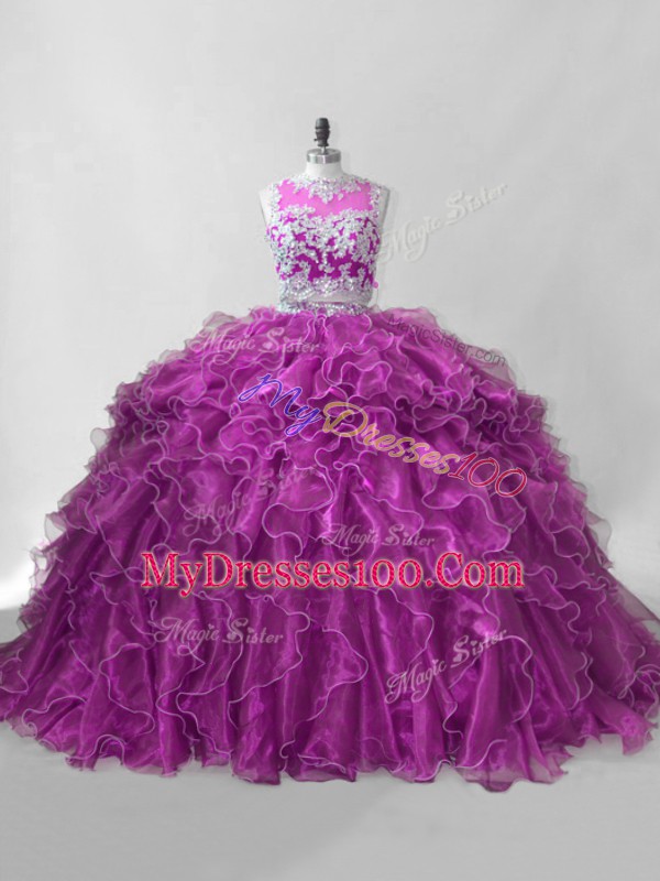 Fancy Scoop Sleeveless Brush Train Zipper Sweet 16 Quinceanera Dress Fuchsia Organza