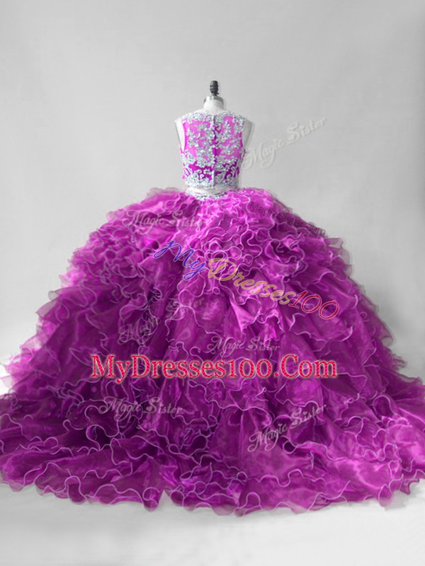 Fancy Scoop Sleeveless Brush Train Zipper Sweet 16 Quinceanera Dress Fuchsia Organza