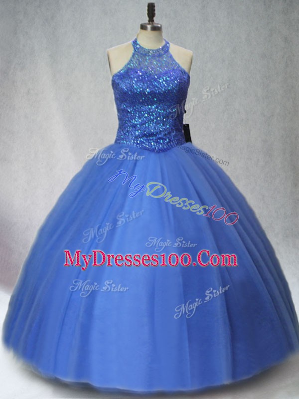 Luxurious Ball Gowns Quinceanera Dresses Blue Halter Top Tulle Sleeveless Floor Length Lace Up