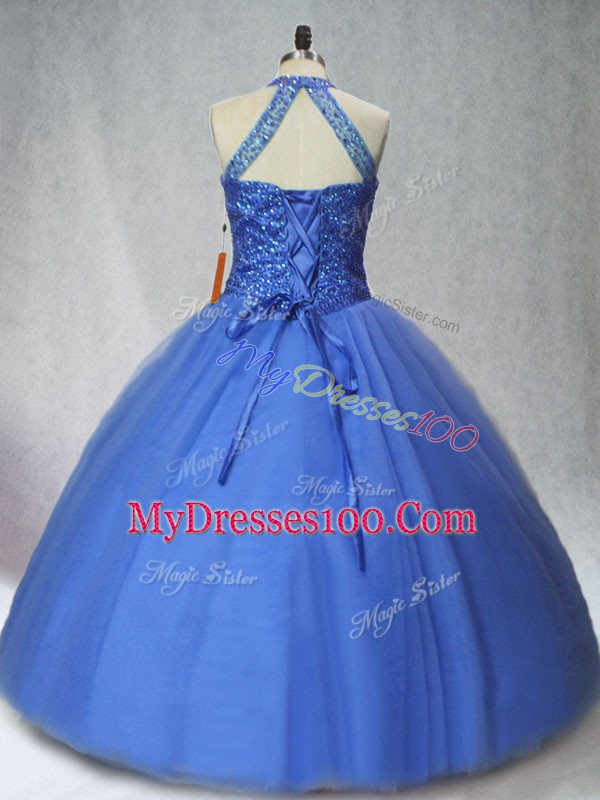 Luxurious Ball Gowns Quinceanera Dresses Blue Halter Top Tulle Sleeveless Floor Length Lace Up