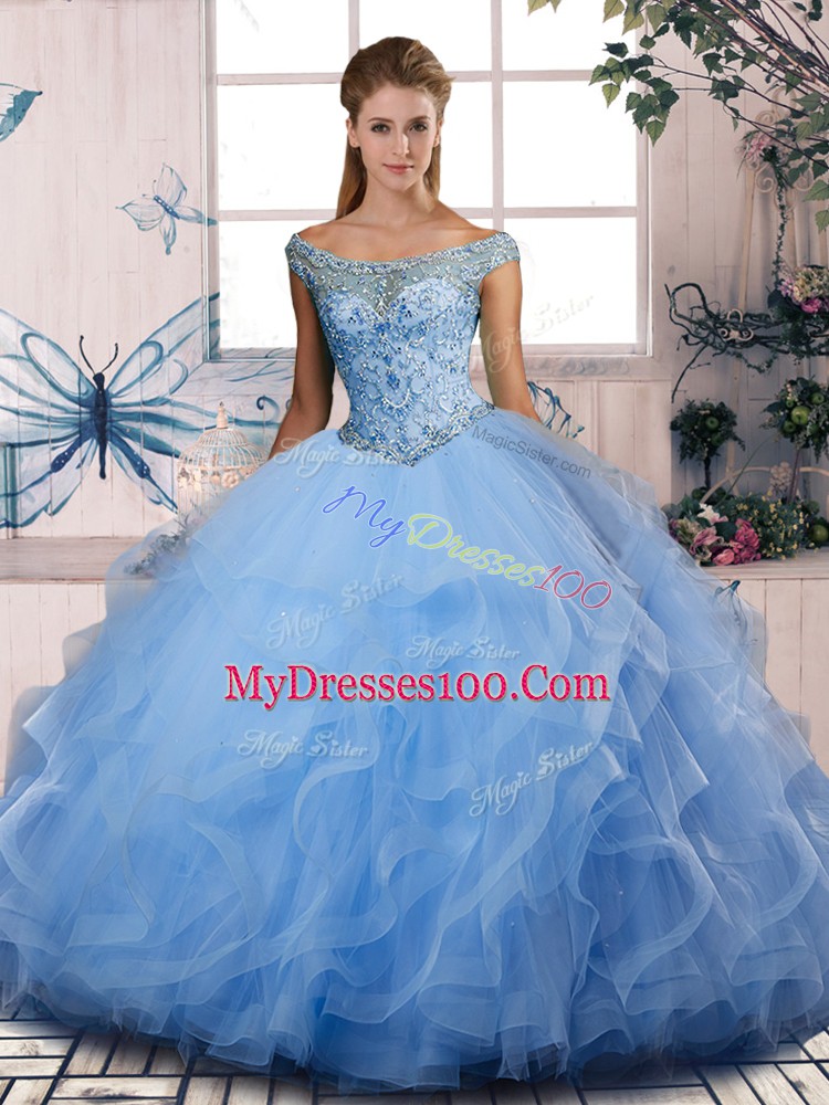 Fantastic Ball Gowns Sweet 16 Quinceanera Dress Blue Off The Shoulder Tulle Sleeveless Floor Length Lace Up