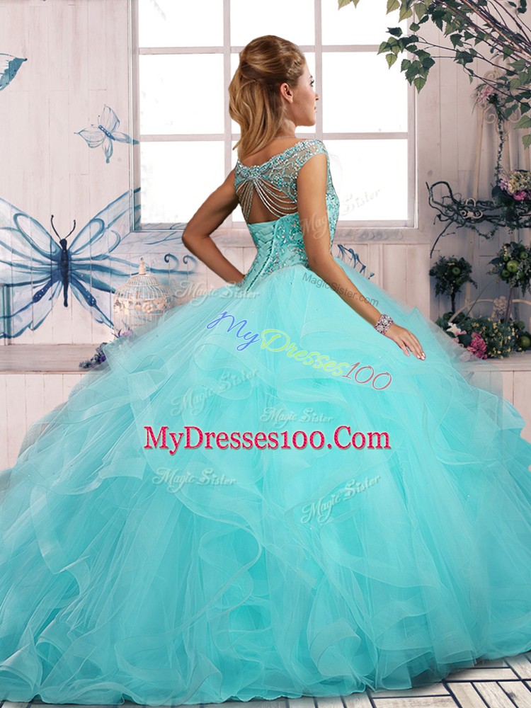 Fantastic Ball Gowns Sweet 16 Quinceanera Dress Blue Off The Shoulder Tulle Sleeveless Floor Length Lace Up