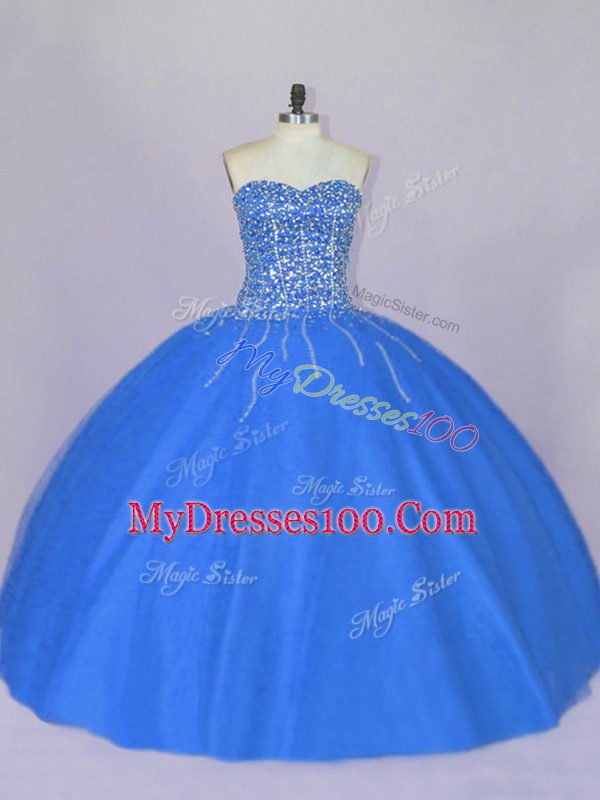Blue Sleeveless Floor Length Beading Lace Up Quinceanera Gown