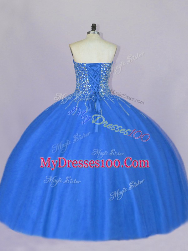 Blue Sleeveless Floor Length Beading Lace Up Quinceanera Gown