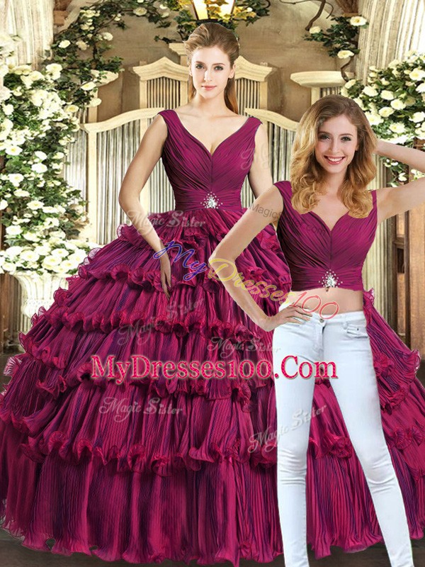 Sleeveless Organza Floor Length Backless Sweet 16 Quinceanera Dress in Burgundy with Beading and Ruffled Layers