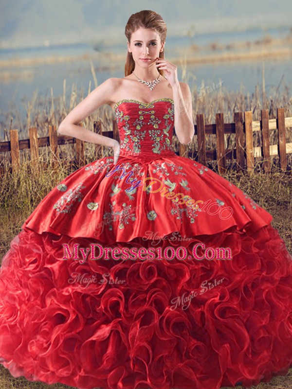 New Style Brush Train Ball Gowns Quinceanera Dress Coral Red Sweetheart Fabric With Rolling Flowers Sleeveless Lace Up
