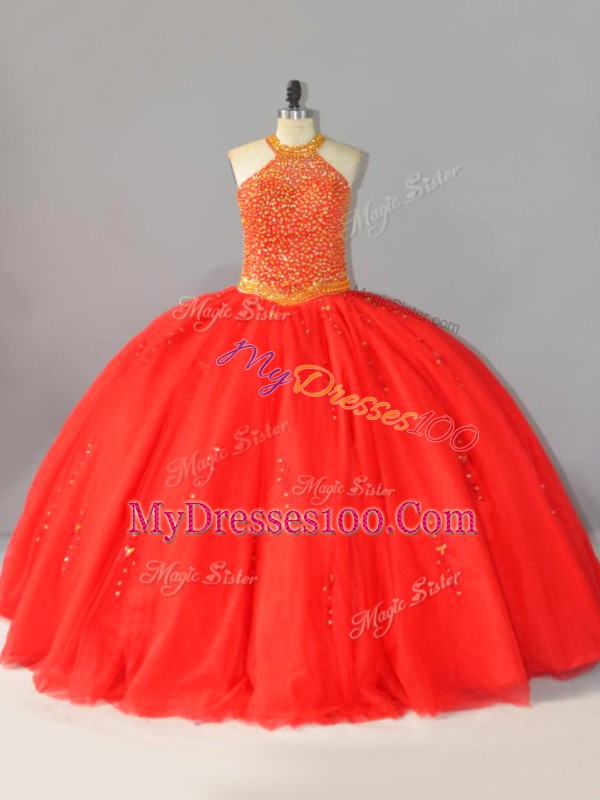 Floor Length Lace Up Quinceanera Dresses Coral Red for Sweet 16 and Quinceanera with Beading