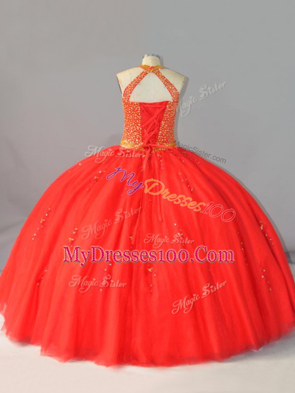 Floor Length Lace Up Quinceanera Dresses Coral Red for Sweet 16 and Quinceanera with Beading