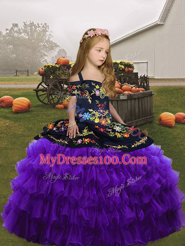 Lovely Purple Ball Gowns Organza Straps Sleeveless Embroidery Floor Length Little Girls Pageant Dress Wholesale
