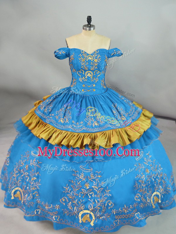 Organza Off The Shoulder Sleeveless Lace Up Embroidery Sweet 16 Dresses in Blue