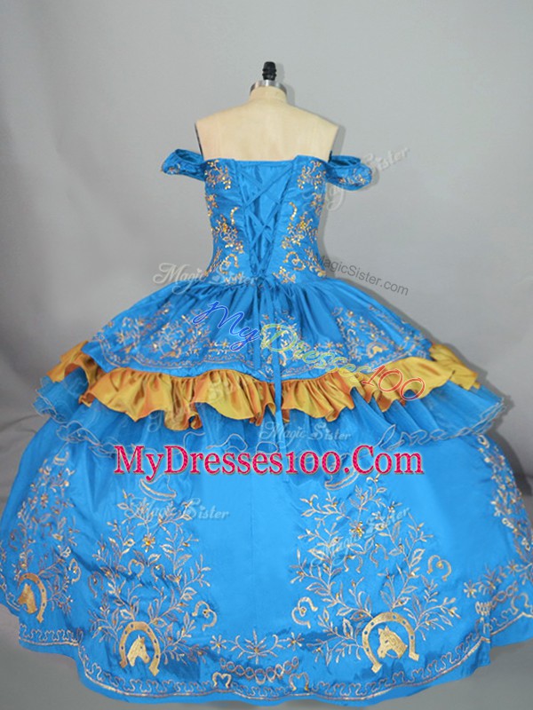 Organza Off The Shoulder Sleeveless Lace Up Embroidery Sweet 16 Dresses in Blue