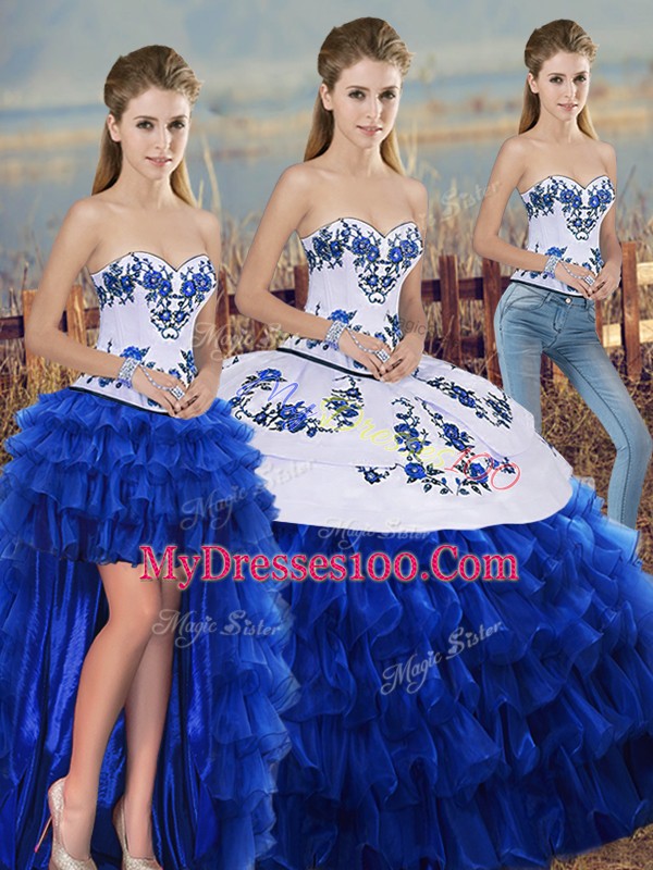 Floor Length Royal Blue Sweet 16 Dress Organza Sleeveless Embroidery and Ruffled Layers and Bowknot