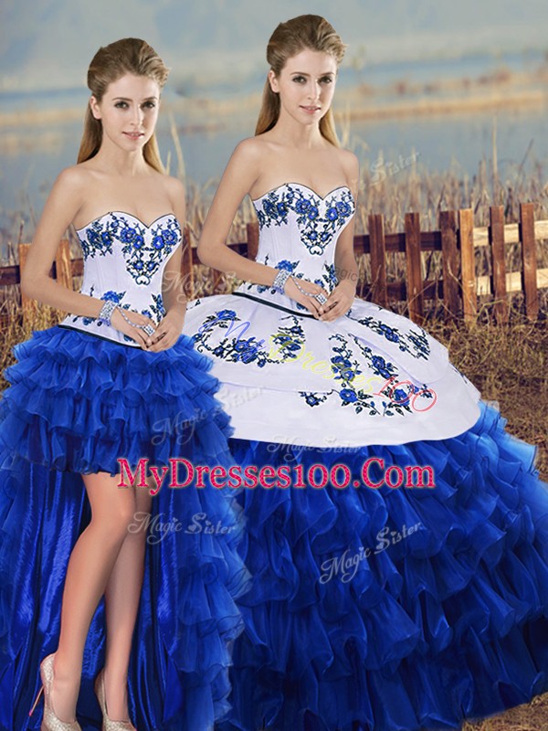 Floor Length Royal Blue Sweet 16 Dress Organza Sleeveless Embroidery and Ruffled Layers and Bowknot