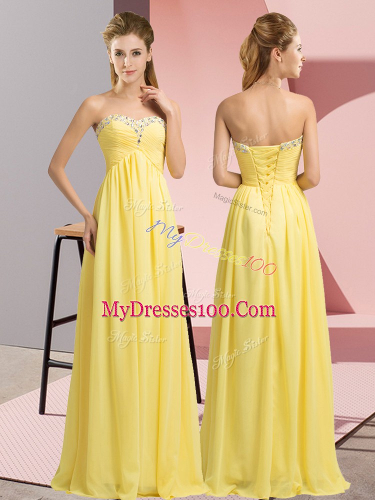 Best Selling Yellow Chiffon Lace Up Sweetheart Sleeveless Floor Length Prom Gown Beading