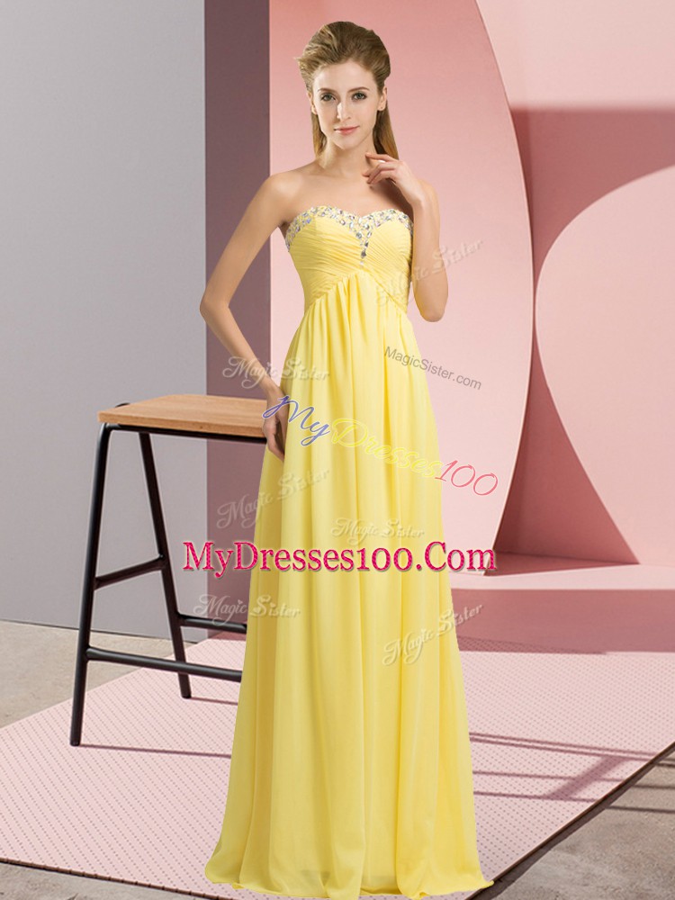 Best Selling Yellow Chiffon Lace Up Sweetheart Sleeveless Floor Length Prom Gown Beading